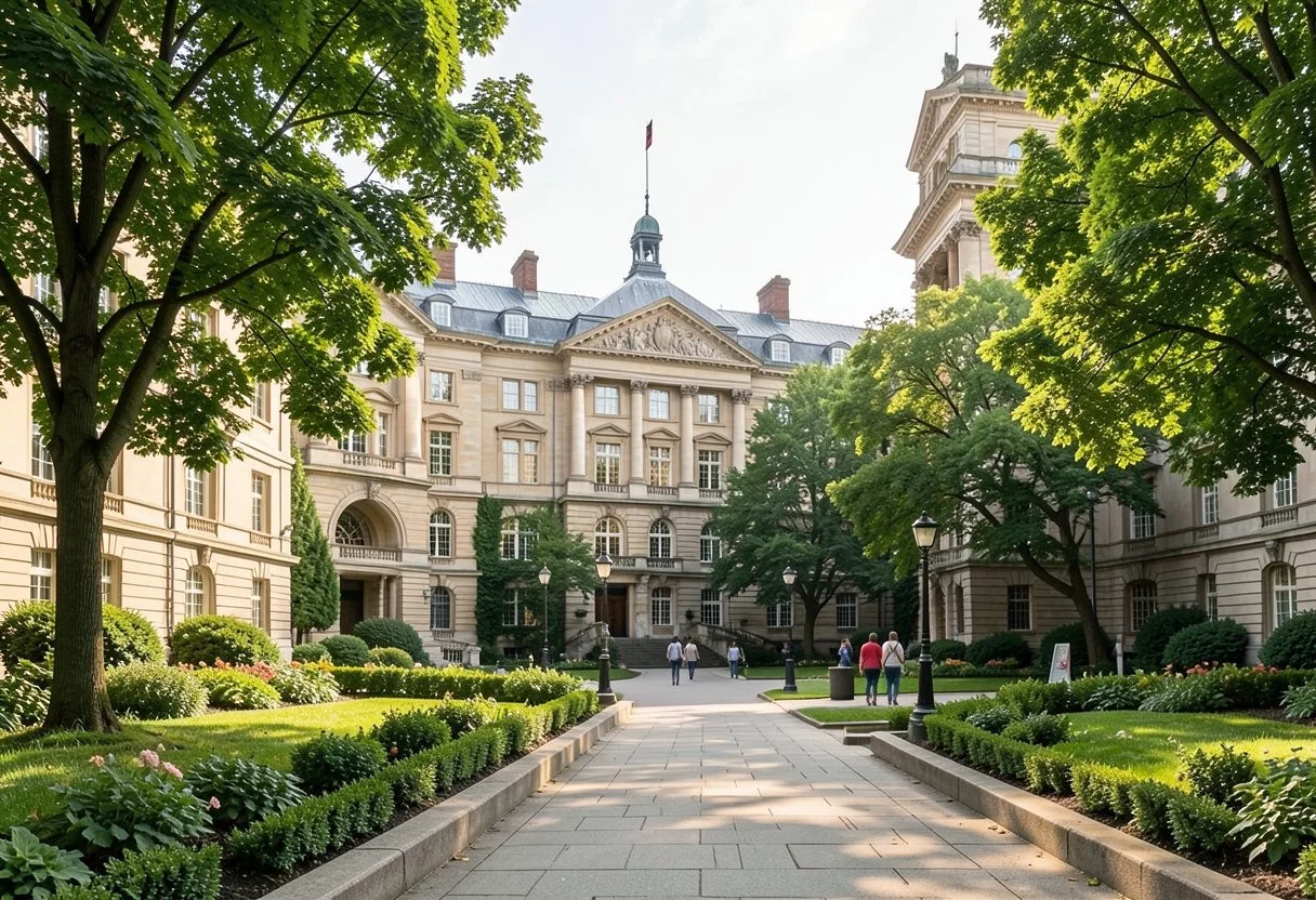 University campus buildings surrounded by greenery