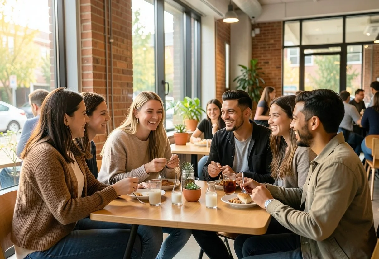 Friends sharing a meal in a welcoming cafe