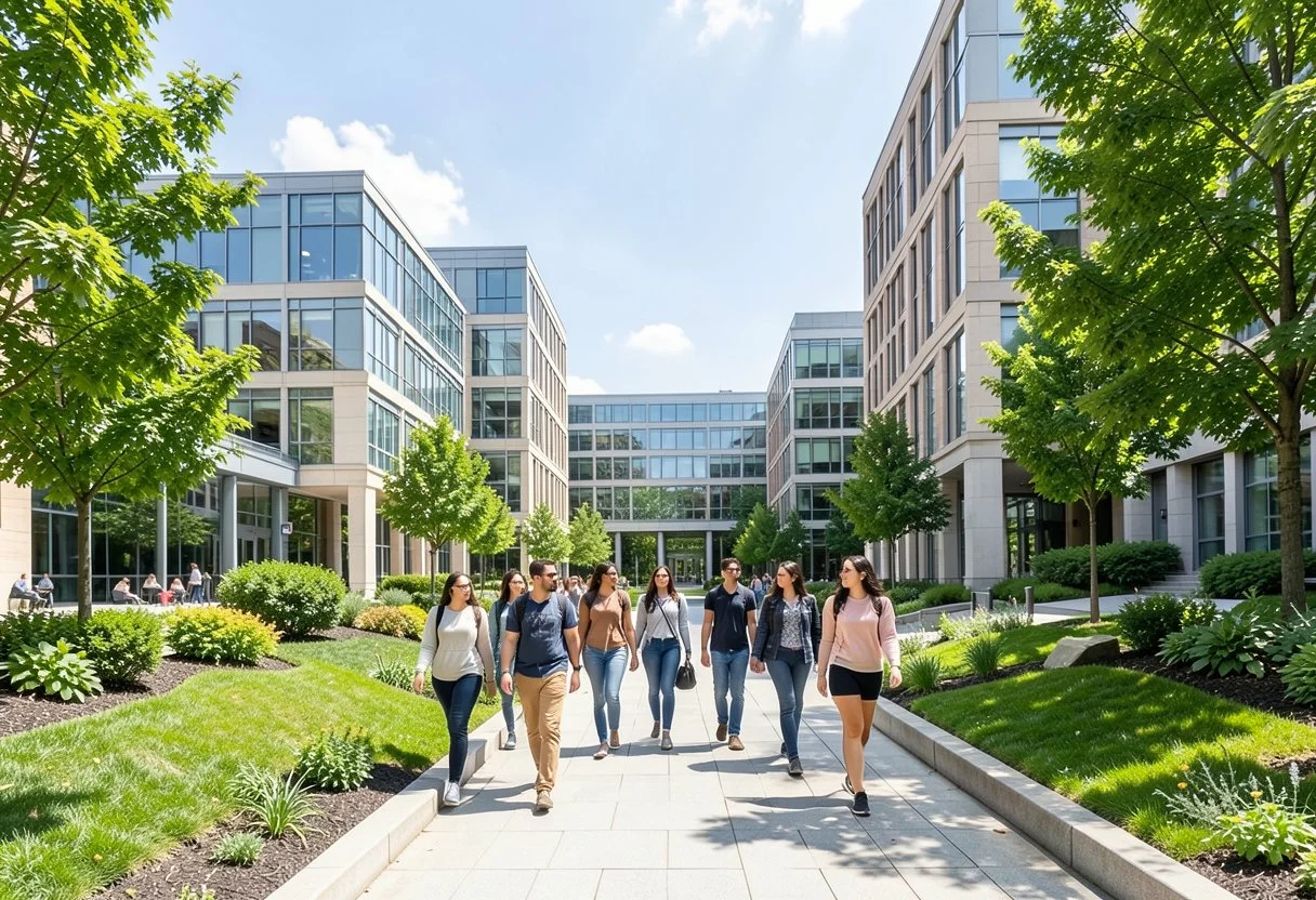 University campus with students walking between buildings